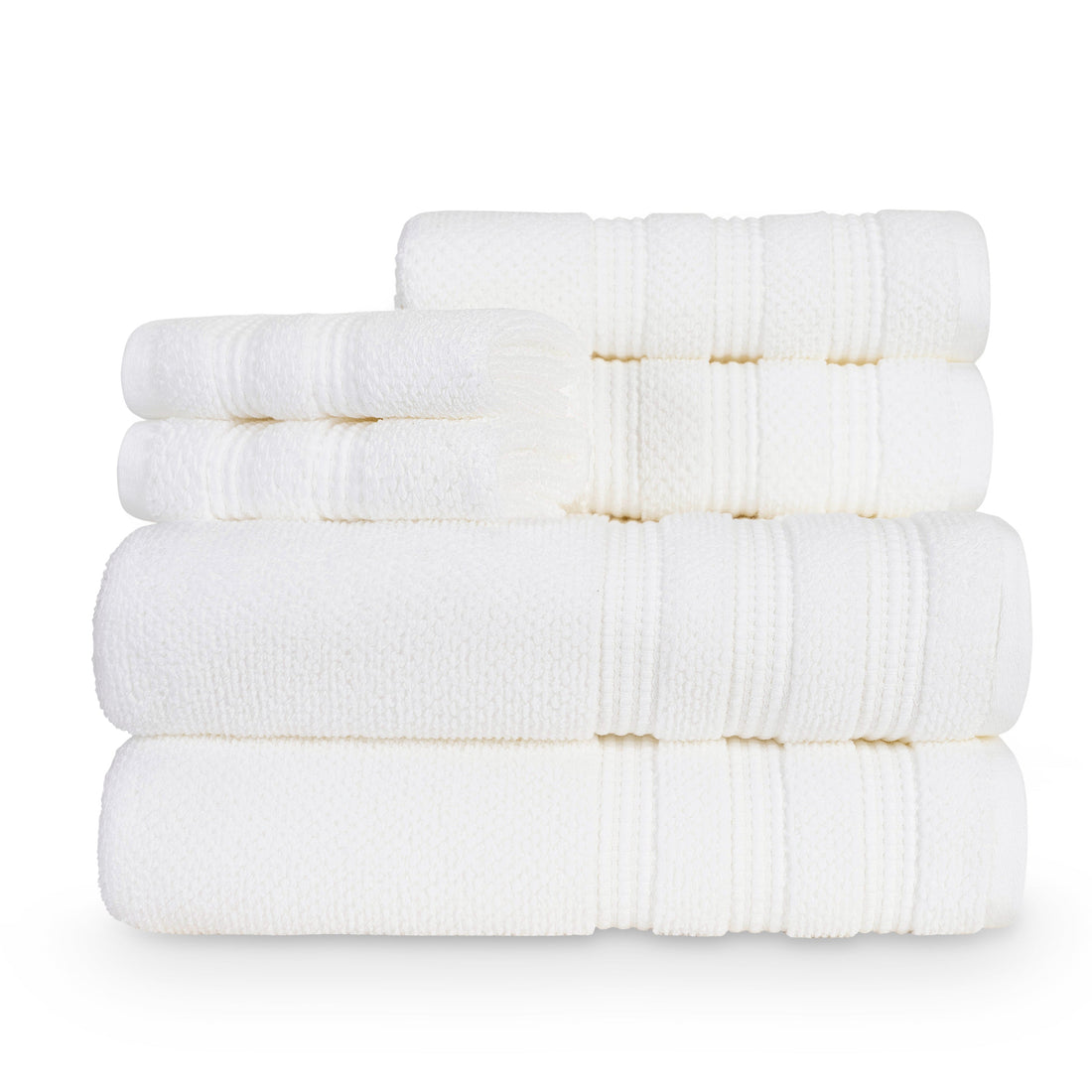 Caro Home Portland 6-piece towel set folded in white, showing bath towels, hand towels, and washcloths