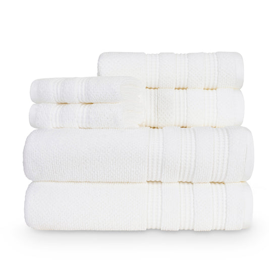 Caro Home Portland 6-piece towel set folded in white, showing bath towels, hand towels, and washcloths