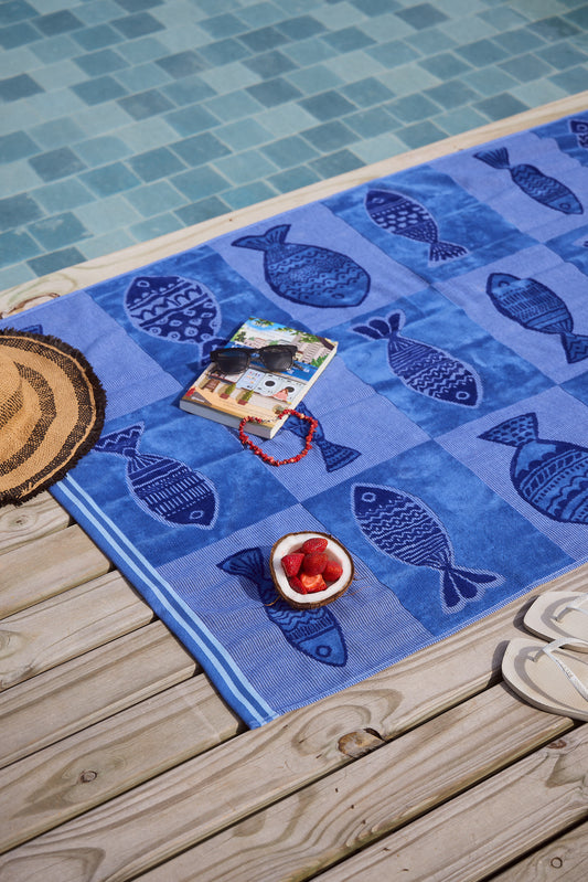 Checker Fish Blue Beach Towel